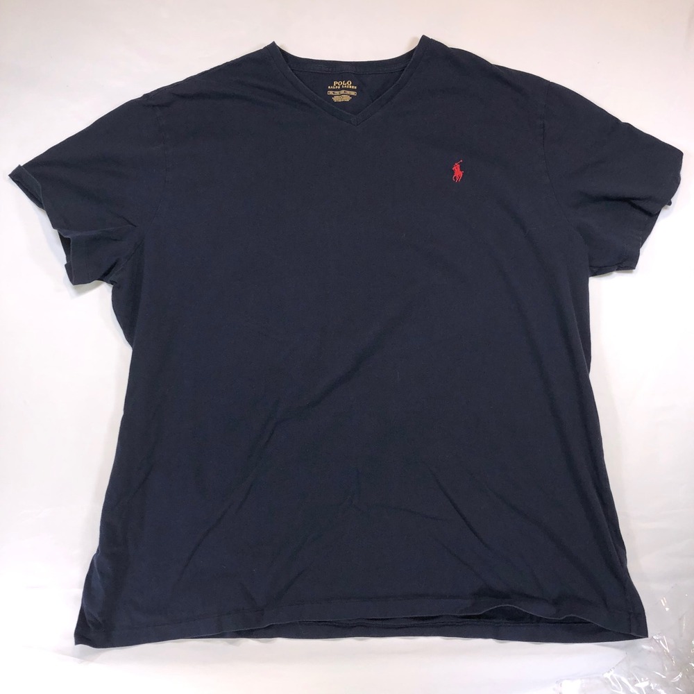 Polo Ralph Lauren Mens XXL Navy Blue Red Pony Logo V-Neck Cotton T-Shirt